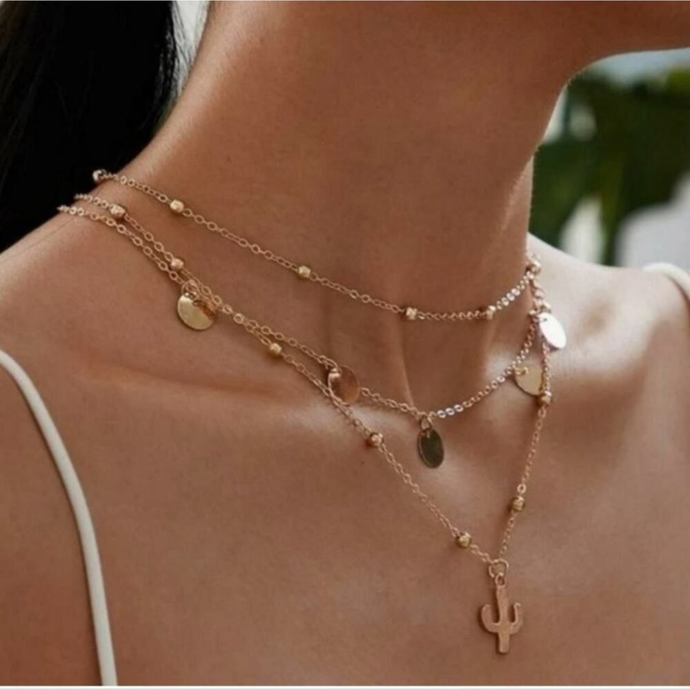Gold Cactus Disc Necklace Layer Minimalist Boho Pendant Dainty Everyday Jewelry
